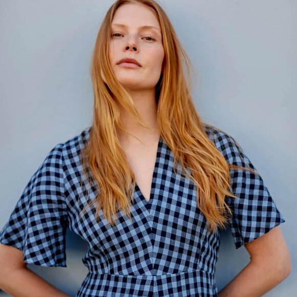 Justine Tabak Rye Dress Blue Linen Gingham Size XS - Picture 13 of 13